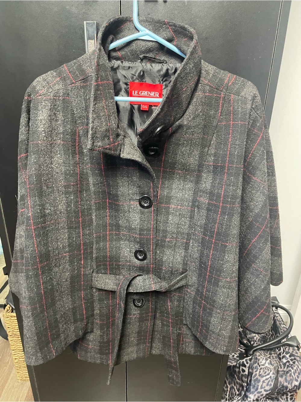 Le Grenier Charcoal Plaid Women's Wool-Blend Cape Jacket with Belt